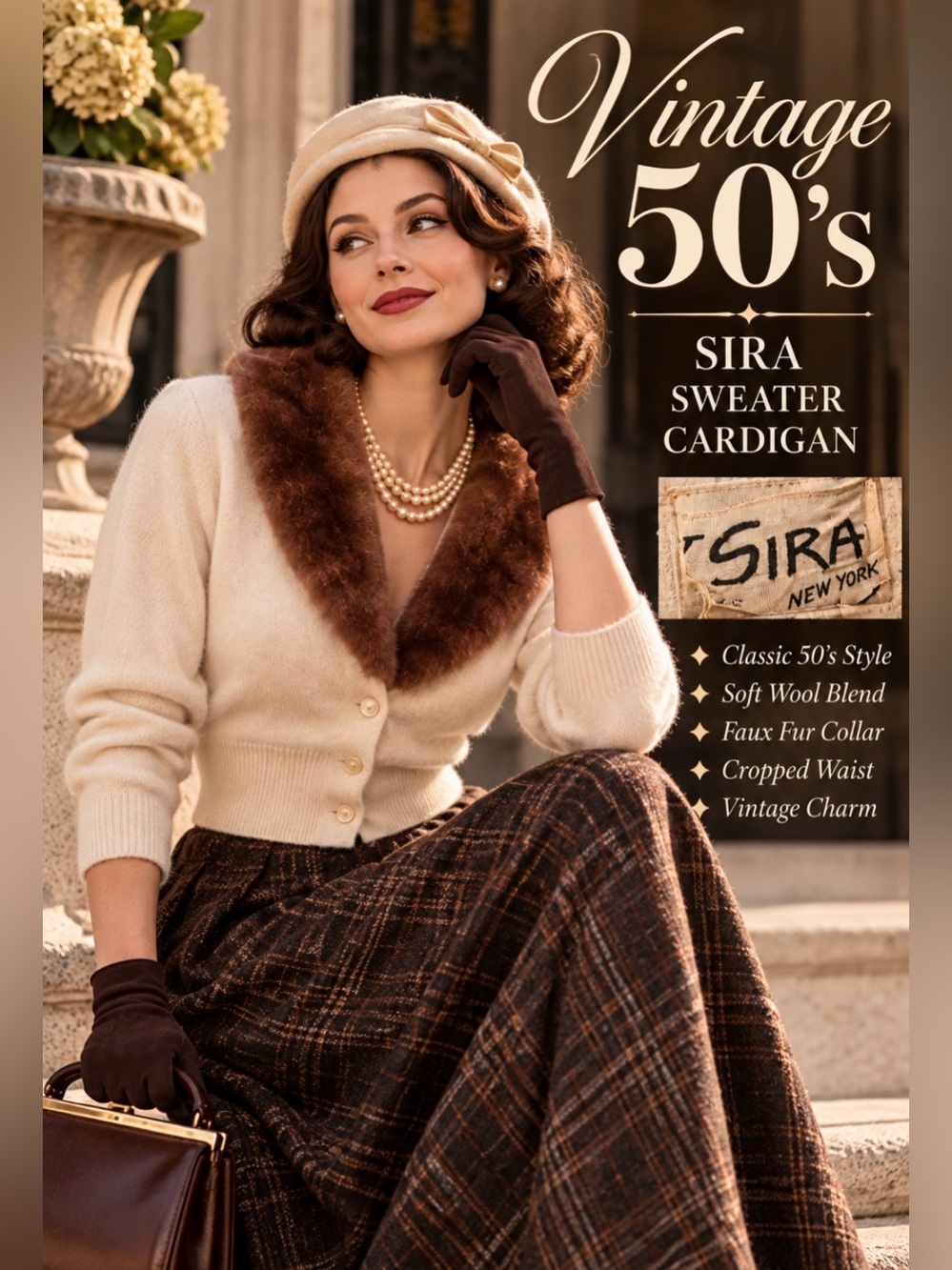 Vintage 1940’s 1950’s -cream cardigan with brown faux fur collar- Sira New York